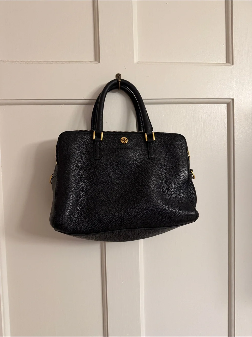 Tory Burch Black Pebbled Leather Tote with Gold Hardware